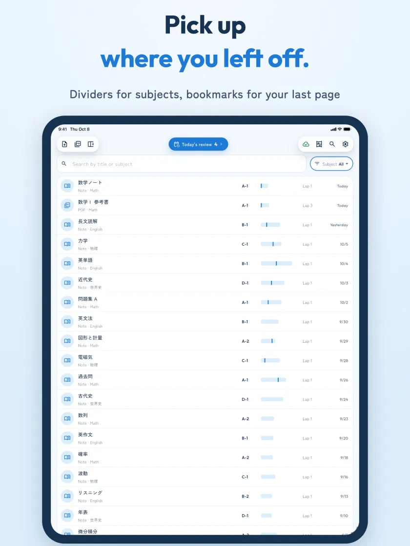 Pick up where you left off, by subject. Dividers per subject, bookmarks to the last page