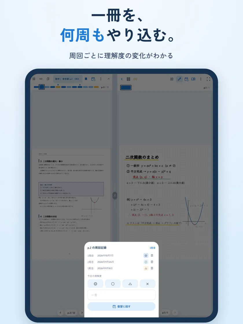 一冊を、何周もやり込む。周回ごとに理解度の変化がわかる
