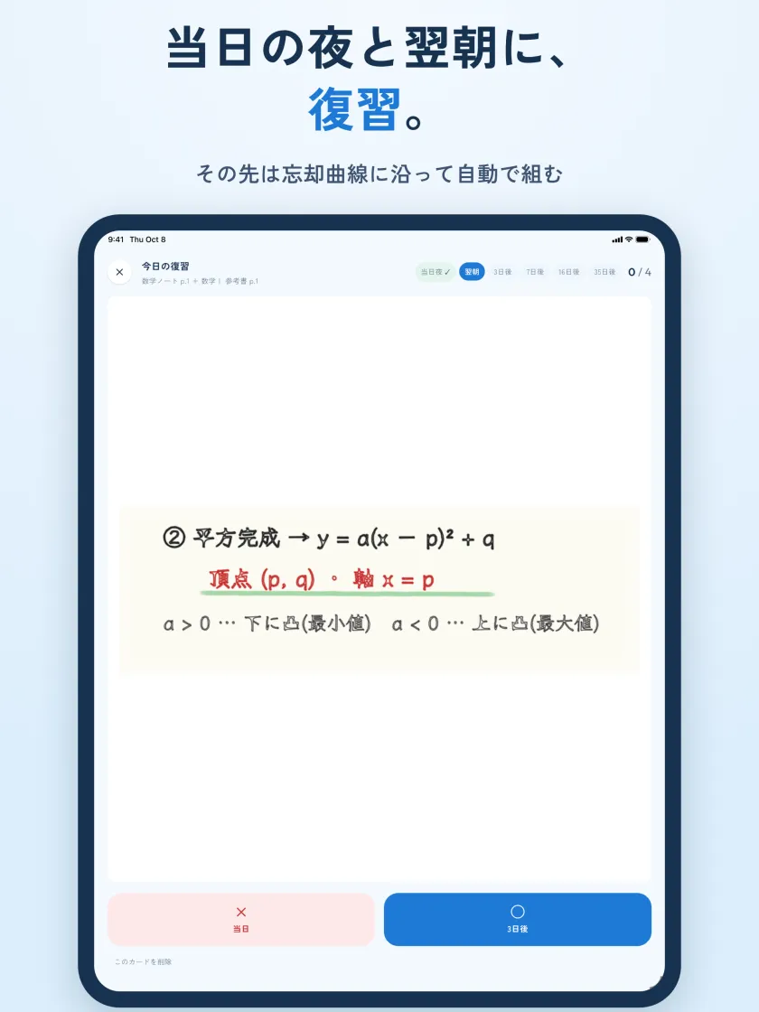 当日の夜と翌朝に、復習。その先は忘却曲線に沿って自動で組む